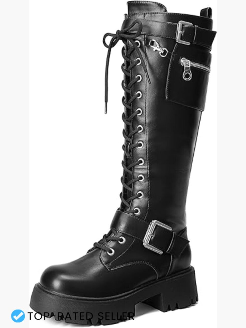 Knee High Platform Combat Boots Lace Up Motorcycle Gothic Lug Sole Boots with